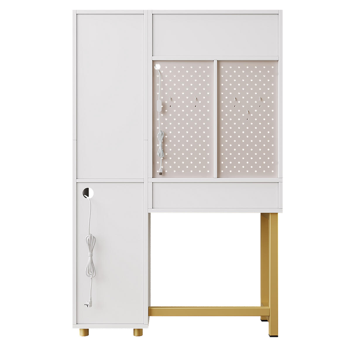 SCHMINKTISCH in Weiß mit LED-Beleuchtung und Glasvitrine für Schlafzimmer, B100/T45/H156 cm - Goldfarben/Weiß, Holzwerkstoff/Metall (100/156/45cm) - STILVORA