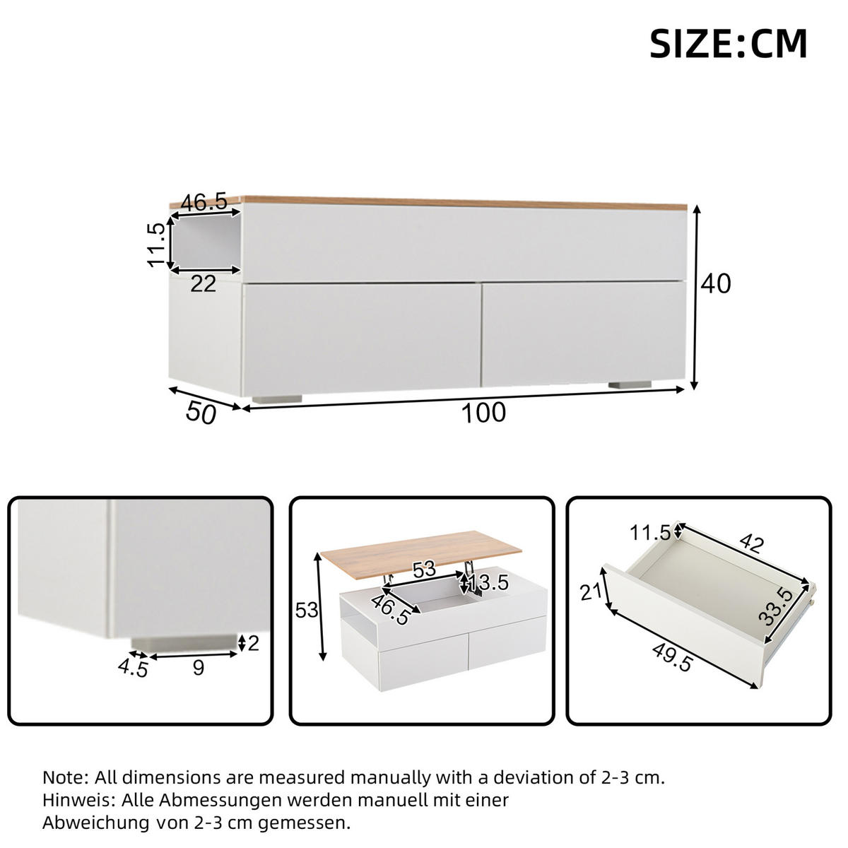 COUCHTISCH 100/50/40 cm weiß aus Spanplatte mit Höhenverstellung und Stauraum - Weiß, Holzwerkstoff (100/50/40cm) - OKMYHOME