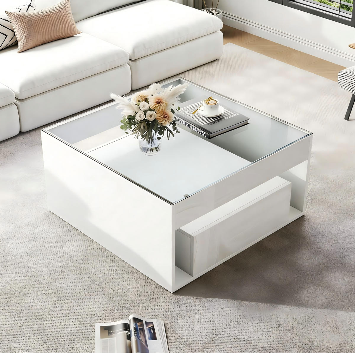 COUCHTISCH 70/70/35 cm mit LED-Beleuchtung, 2 Schubladen und Glasplatte, Weiß - Weiß, Holzwerkstoff (70/70/35cm) - Redom