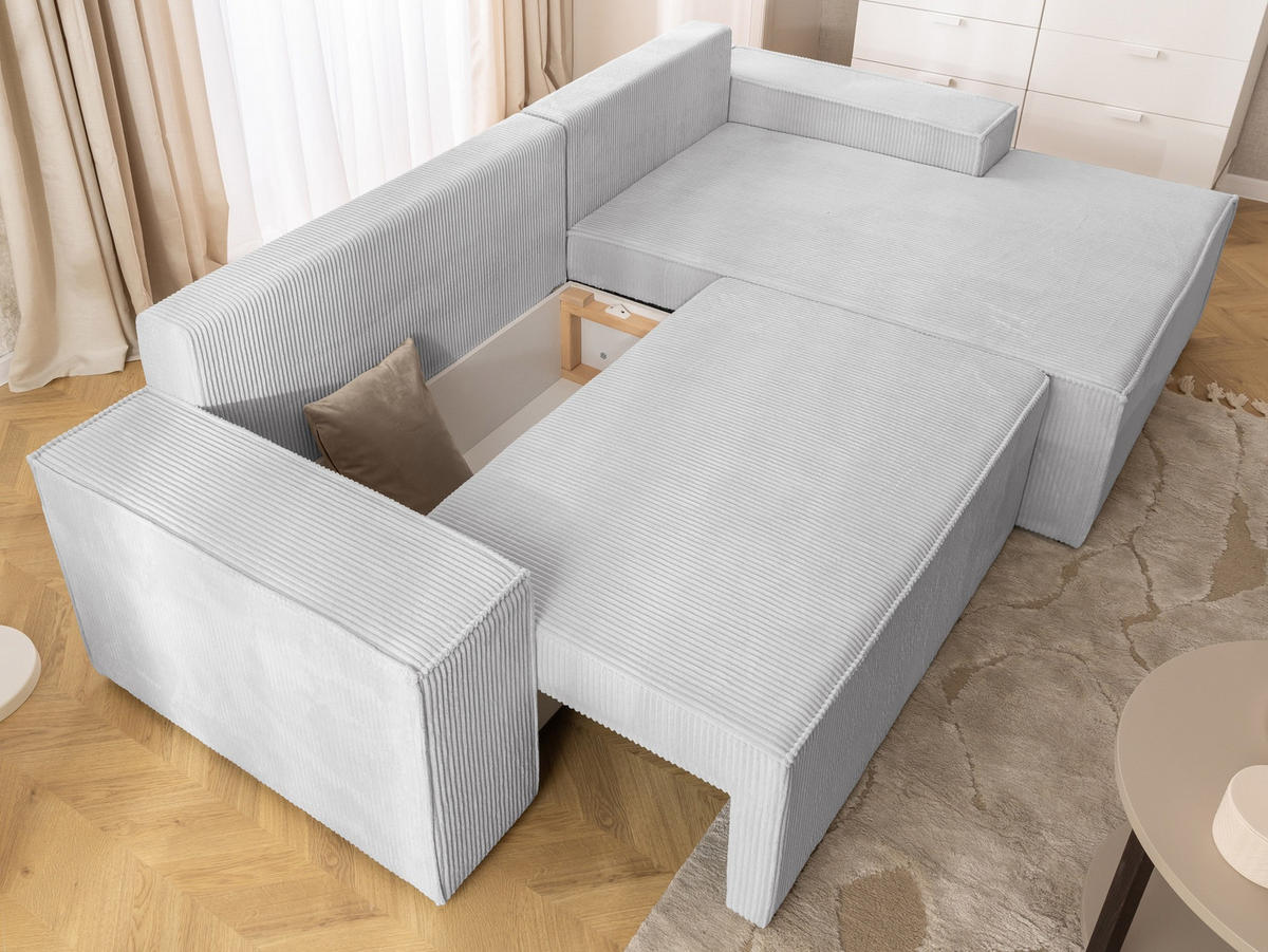 ECKSOFA Rivio mit Schlaffunktion und Bettkasten, Cordstoff Hellgrau - Hellgrau/Schwarz, Holz/Kunststoff (262/149cm) - S-Style