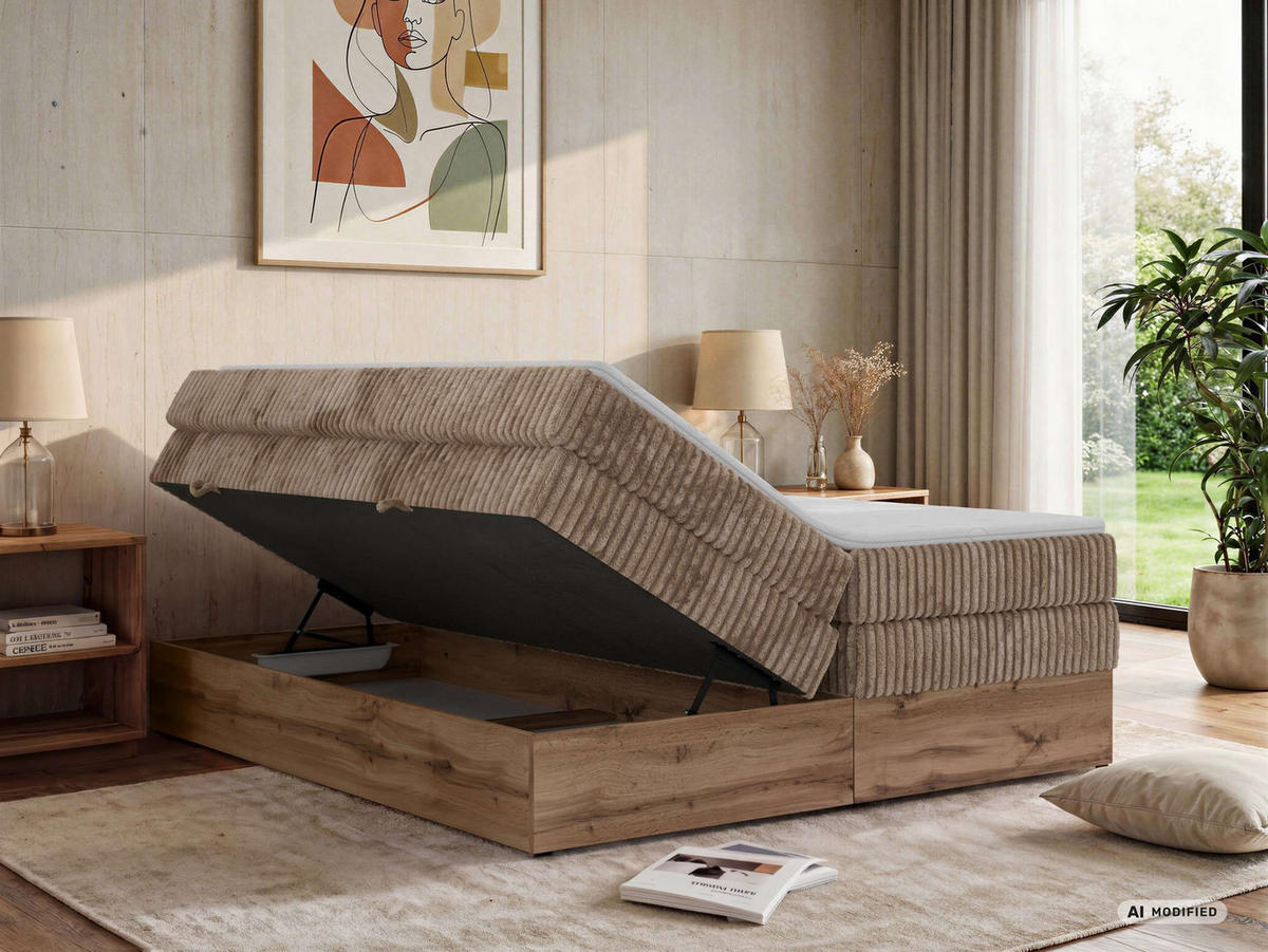 BOXSPRINGBETT WOOD ZERO KING 140/200 - Braun Cord - Topper T25 - H4 - Schwarz/Braun, Kunststoff/Textil (140/200cm) - MKS