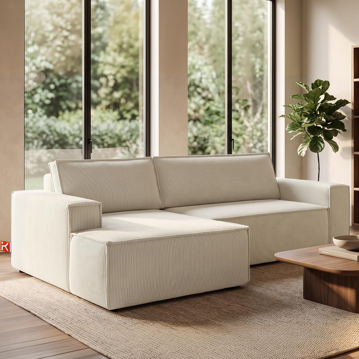 ECKSCHLAFSOFA-LINKS NAPI in Pet Friendly Cord-Stoff, ecrufarben - Creme/Schwarz, Textil (262/148cm) - KONSIMO®