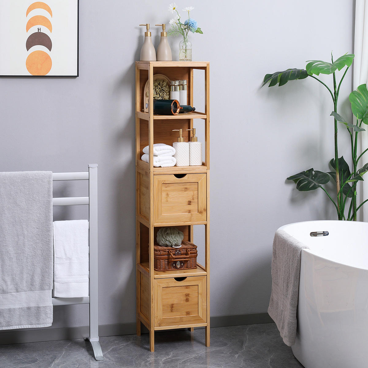 BADEZIMMERSCHRANK, Badschrank aus Bambus, Aufbewahrungsschrank, 30 x 30 x 140 cm - Naturfarben, Holz (30/140/30cm) - Kleankin