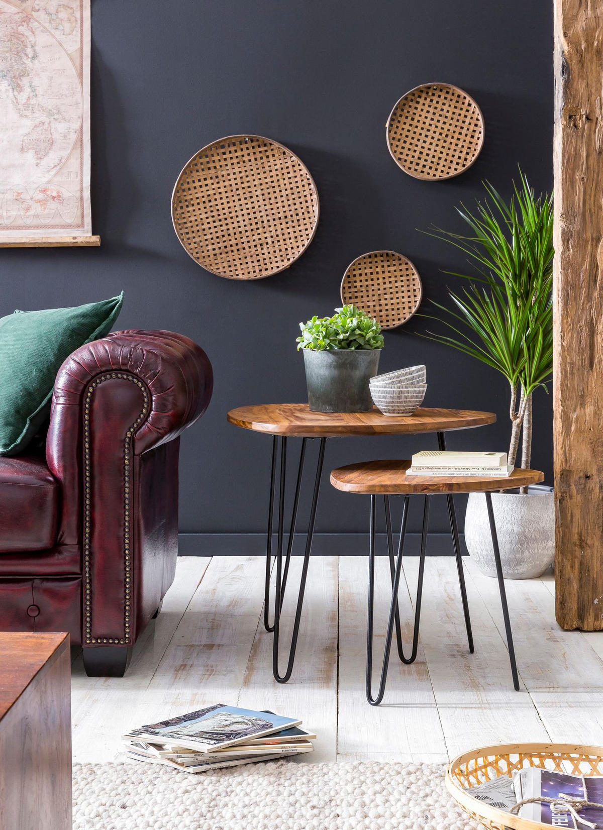 BEISTELLTISCH Set – 2-teilig Massivholz Metall Industrial - Schwarz/Braun, Holz/Metall (60/60/56cm) - KADIMA DESIGN