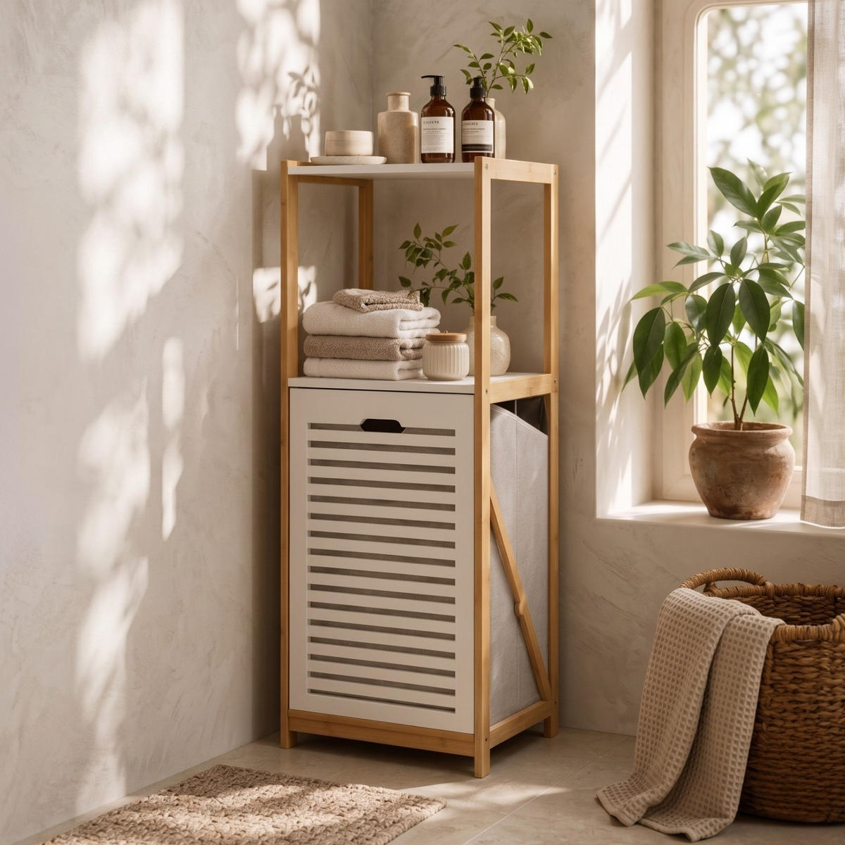 WÄSCHEKORB aus Bambus 33/36/98 cm - Beige/Weiß, Naturmaterialien (36/98/33cm) - NUXIO