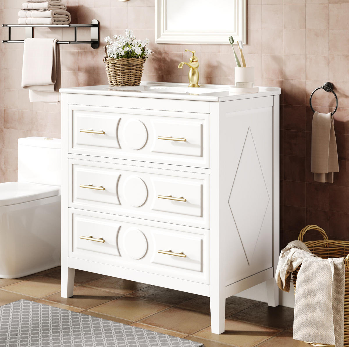 BADEZIMMERSCHRANK mit Keramikbecken 81 x 46,5 x 86,5 cm Weiß - Weiß, Holzwerkstoff (46.5/86.5/81cm) - Beauniv