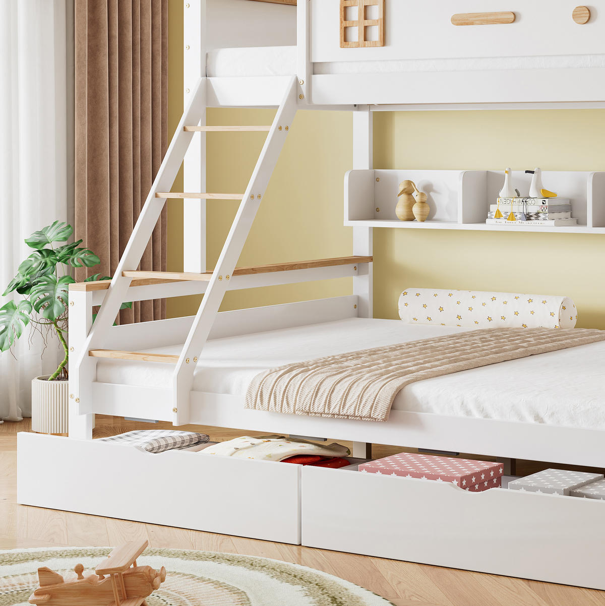 ETAGENBETT 90/200 & 140/200 cm aus Kiefer/MDF mit Regalen und 2 Schubladen Weiß/Natur - Weiß, Holzwerkstoff (90/200cm) - Modenvie