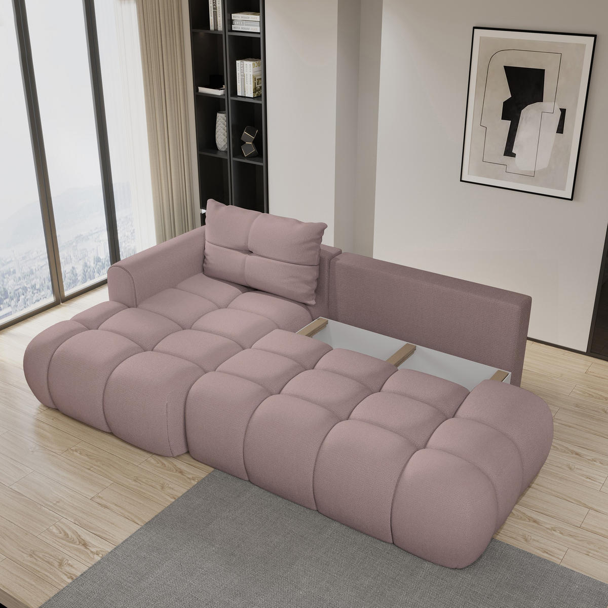 ECKSOFA FLUMA L-S Rosa Geflochtener Stoff mit Schlaffunktion - Rosa, Holz (274/165cm) - MASSENO