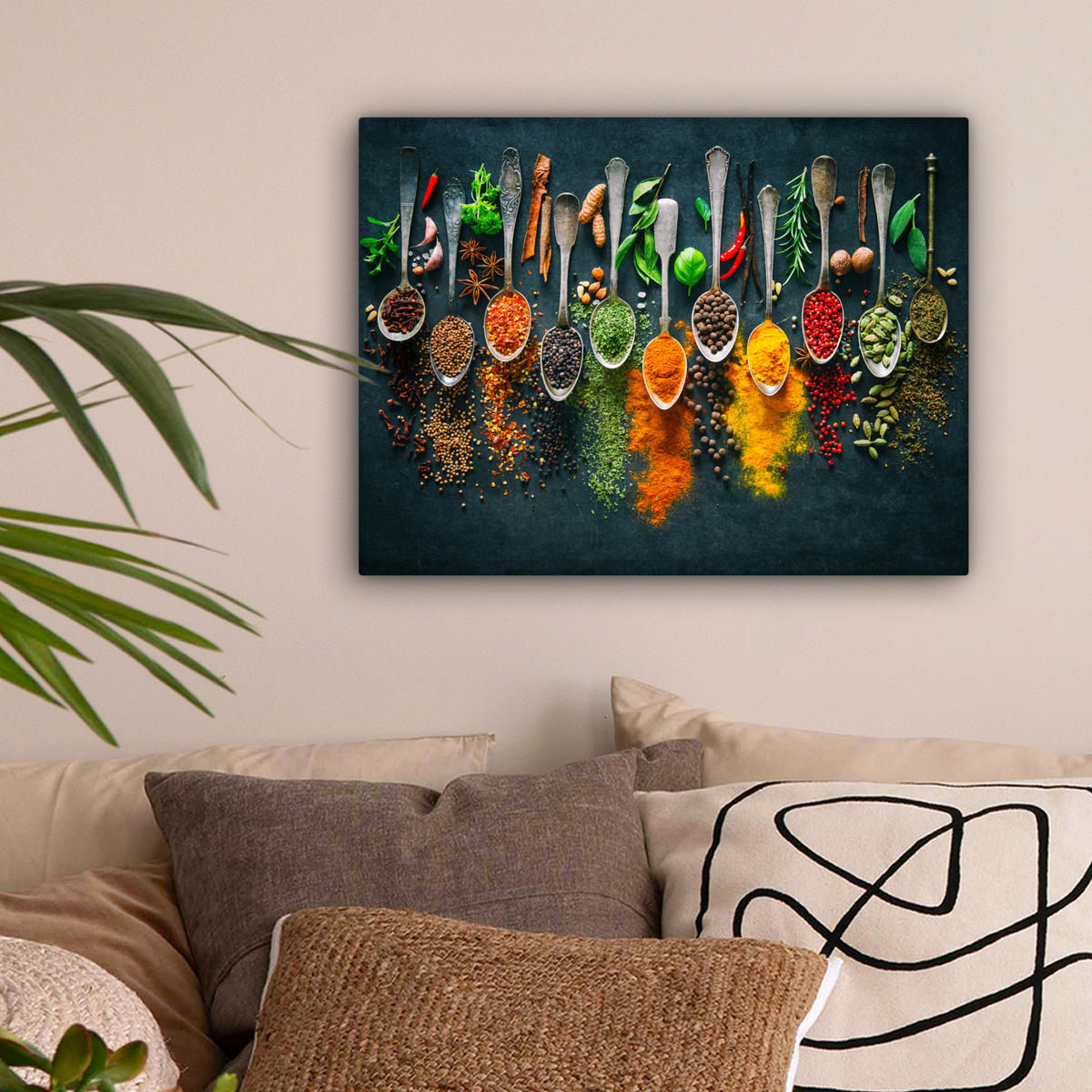 LEINWANDBILD Kräuter - Gewürze - Löffel Wandbild 40x30 cm - Currygelb, Textil (40/30cm) - MuchoWow