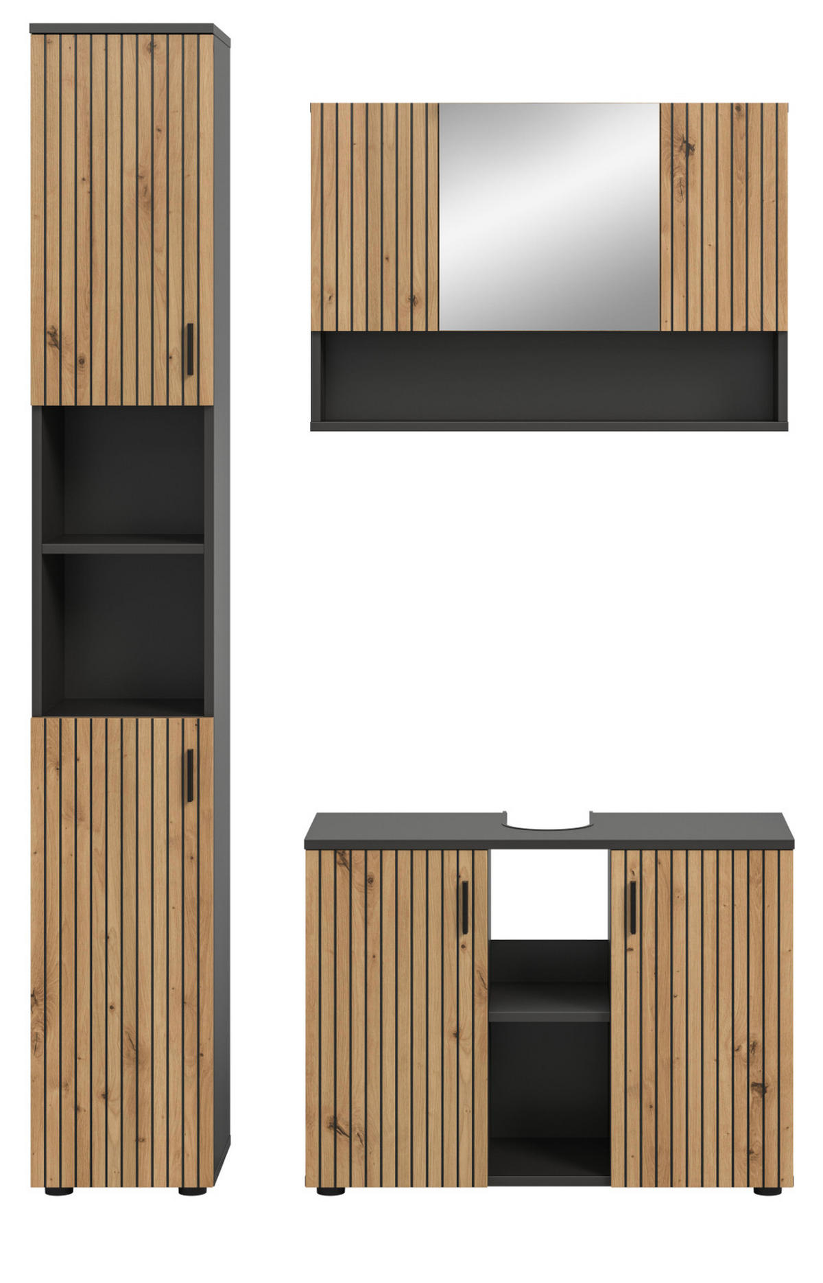 BADMÖBEL-SET Eiche, grau mit Rillen, Kombination 3-teilig 125 cm, Livia - Schwarz/Eiche Artisan, Glas/Holzwerkstoff (125/192/30cm) - Inn.Furn