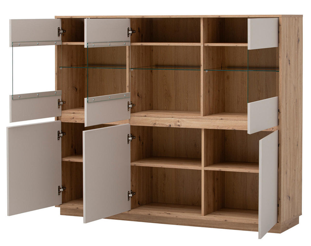 HIGHBOARD Kaschmir, Artisan Eiche 164 cm, Vitrine mit Soft-Close - Kaschmir/Eiche Artisan, Glas/Holzwerkstoff (164/138/40cm) - Furn.Design