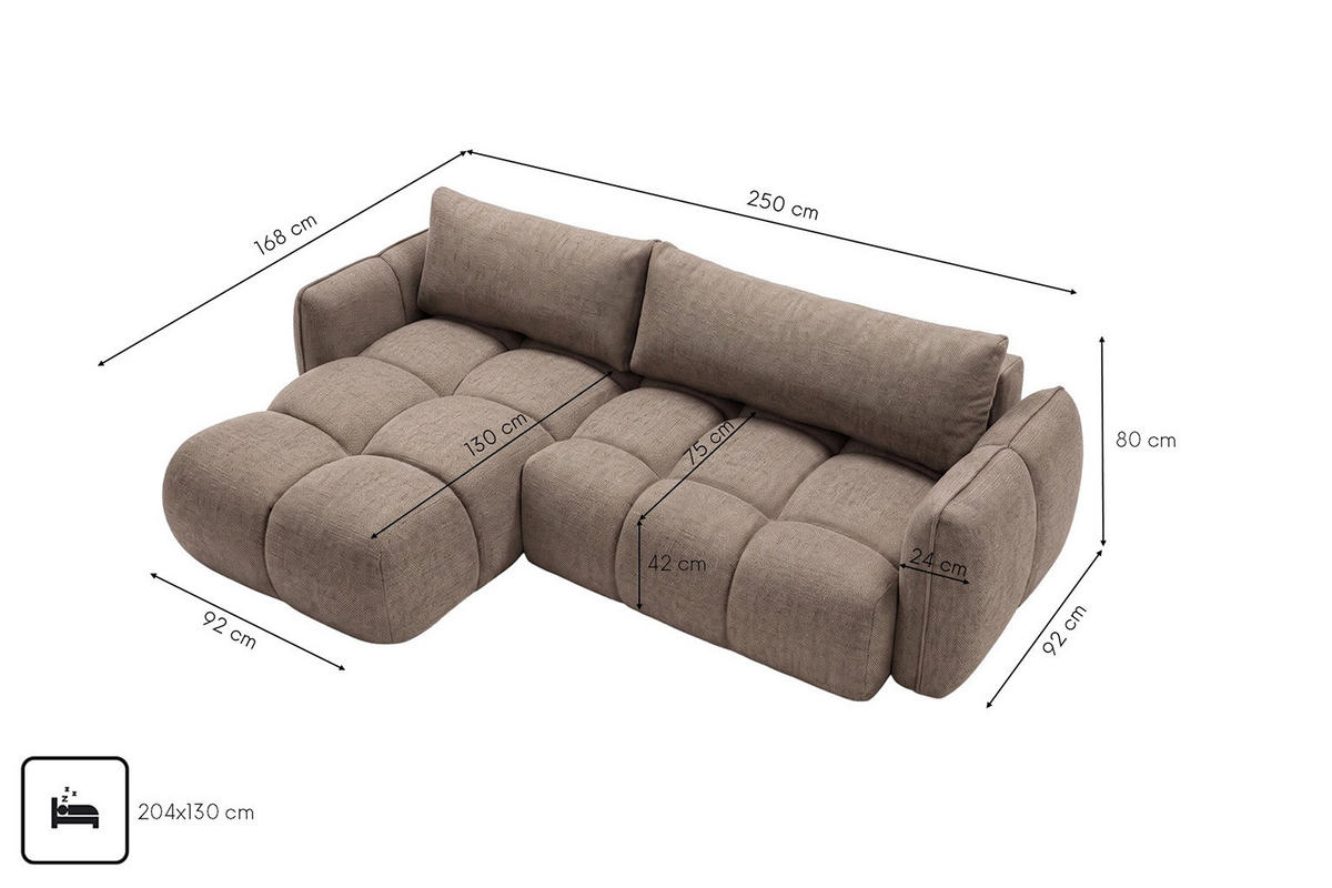 ROHOVÁ SEDAČKA ve tvaru L s funkcí spaní, Nexi, Taupe, Levá strana, BELVEDER L - šedohnědá, dřevo (250/168cm) - Kaiser Möbel