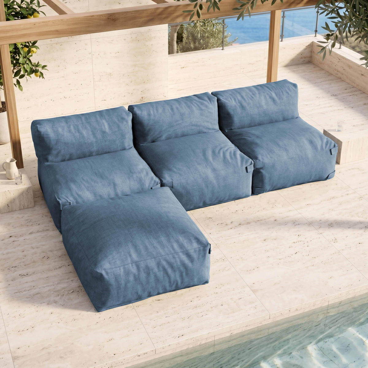 GARTENSOFA mit 4 Sitzplätzen, Pazifikblau - Blau, Textil - Oviala