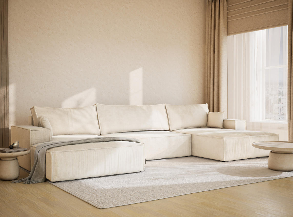 WOHNLANDSCHAFT Kyoto Creme Chenille-Stoff - Creme/Schwarz, Holz/Holzwerkstoff (398/70/148cm) - Maison de Reve