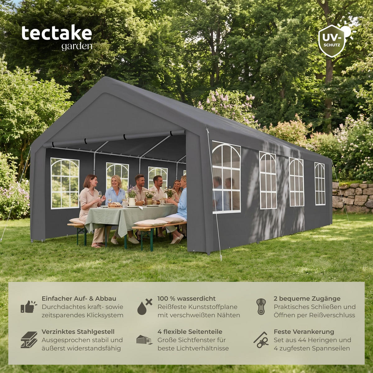 PARTYZELT Mammut, inklusive Spannseilen und Heringen, grau - Grau, Kunststoff (400/310/800cm) - tectake