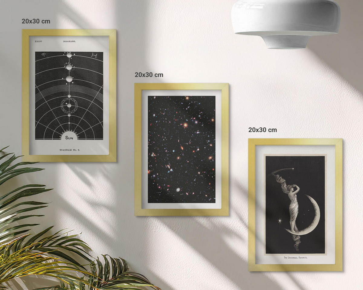 BILDER SET 3er Set - 20x30 cm Goldrahmen - Nachtdarstellung des Sonnensystems - Goldfarben, Kunststoff (20/30cm) - TULUP