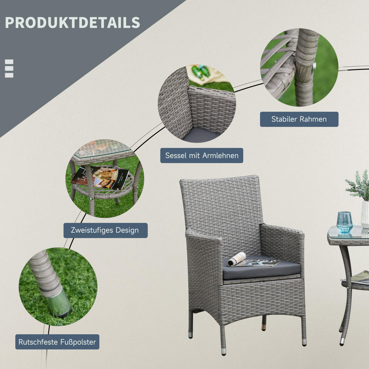 BALKONMÖBEL-SET 60/58,5/89,5 cm grau aus Rattan mit Tisch und 2 Stühlen - Grau, Naturmaterialien (58/89/60cm) - OKWISH