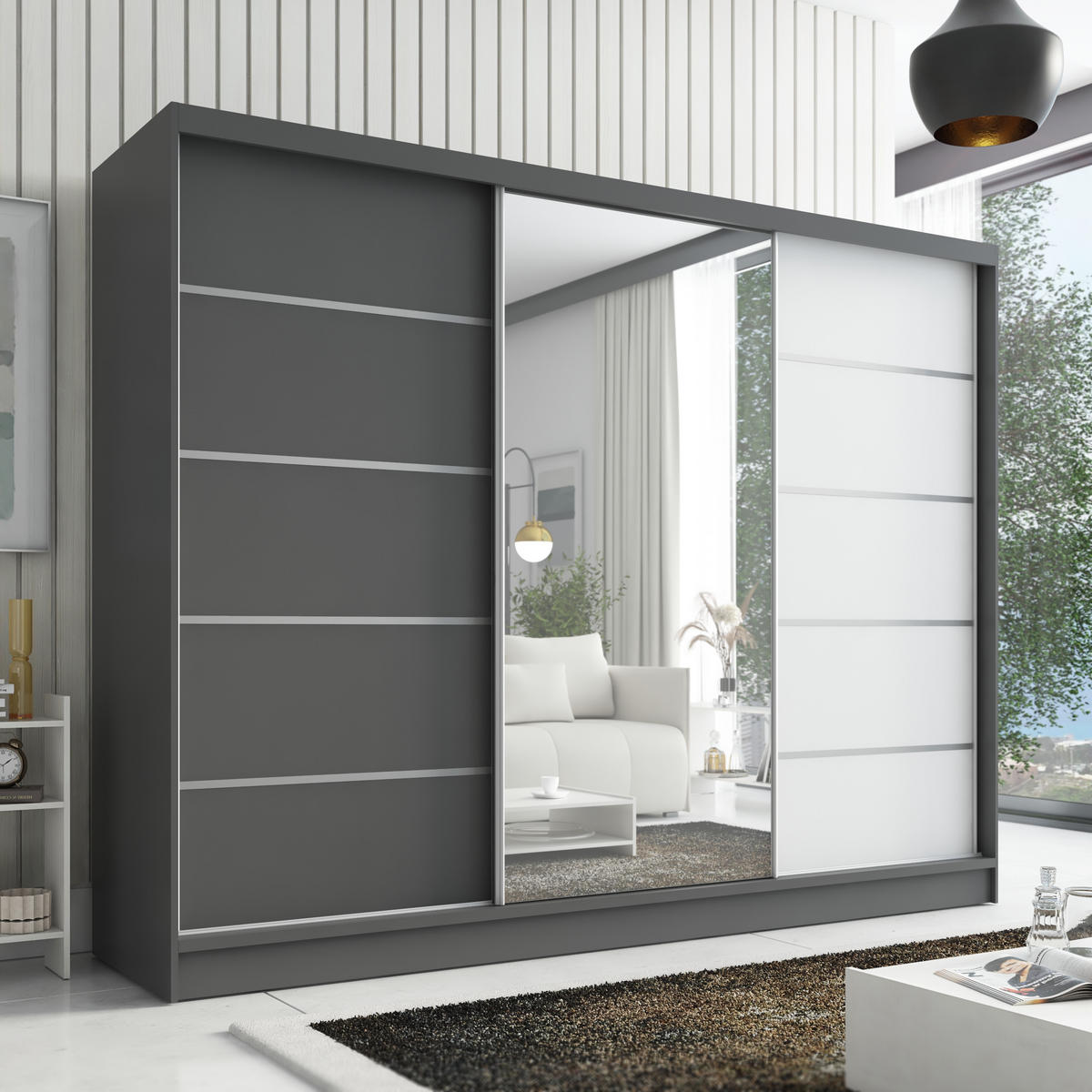 SCHWEBETÜRENSCHRANK 200 cm AURELIA 1 Farbe: Graphit, Graphit, Weiß - Graphitfarben/Weiß, Holzwerkstoff (200/215/60cm) - A&J MöbelLand