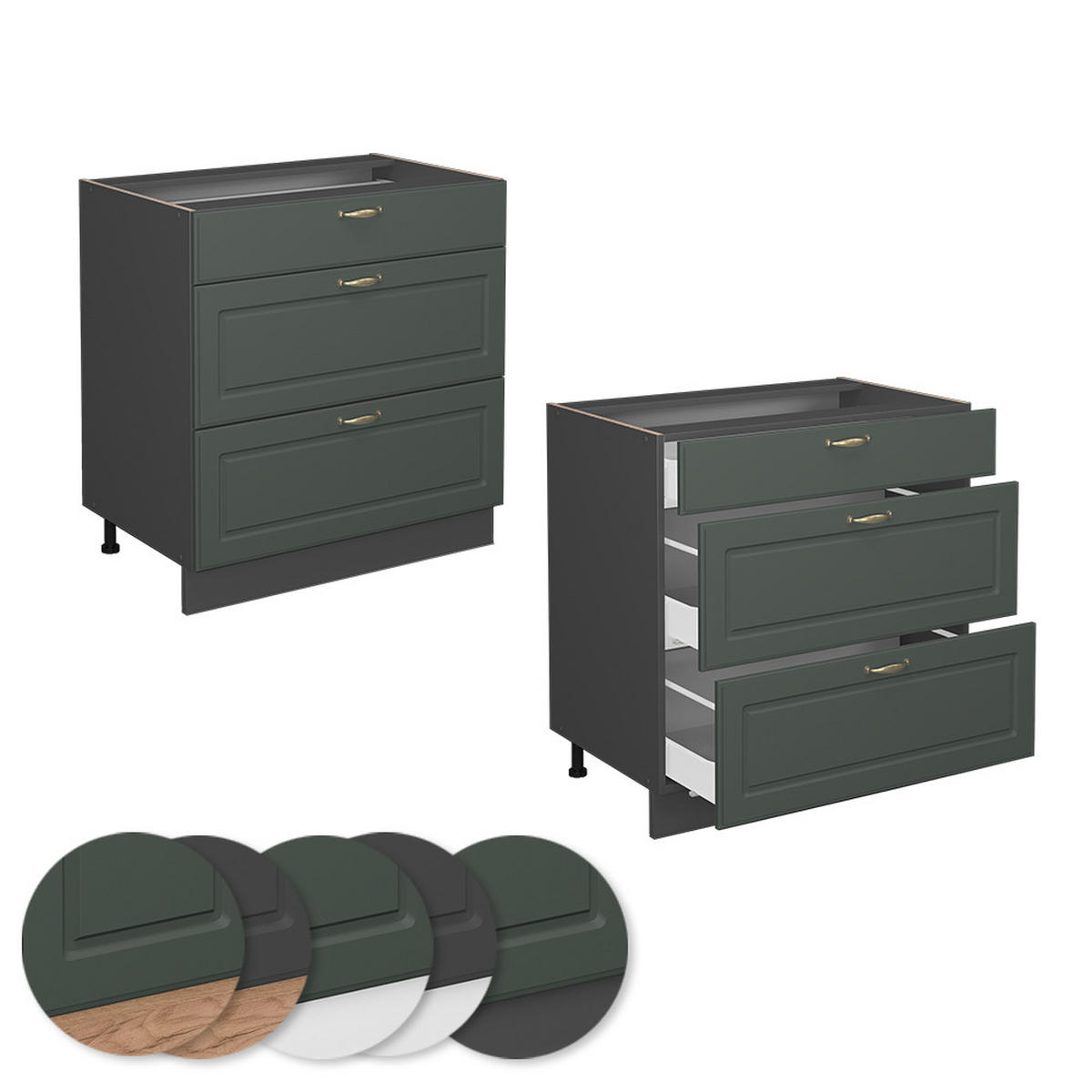 KÜCHENUNTERSCHRANK Fame-Line Grün-Gold Landhaus 80 cm mit 3 Schubladen ohne AP - Anthrazit/Grün, Holzwerkstoff (80/82/51.6cm) - Vicco