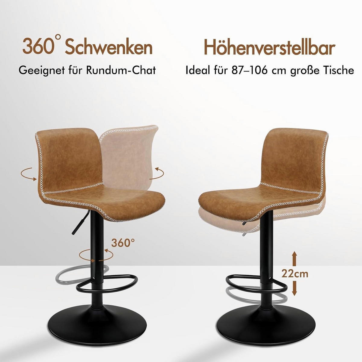 BARHOCKER 2er Set Kunstleder Braun, höhenverstellbar und 360° drehbar - Braun, Kunststoff (41.5/107/41.5cm)
