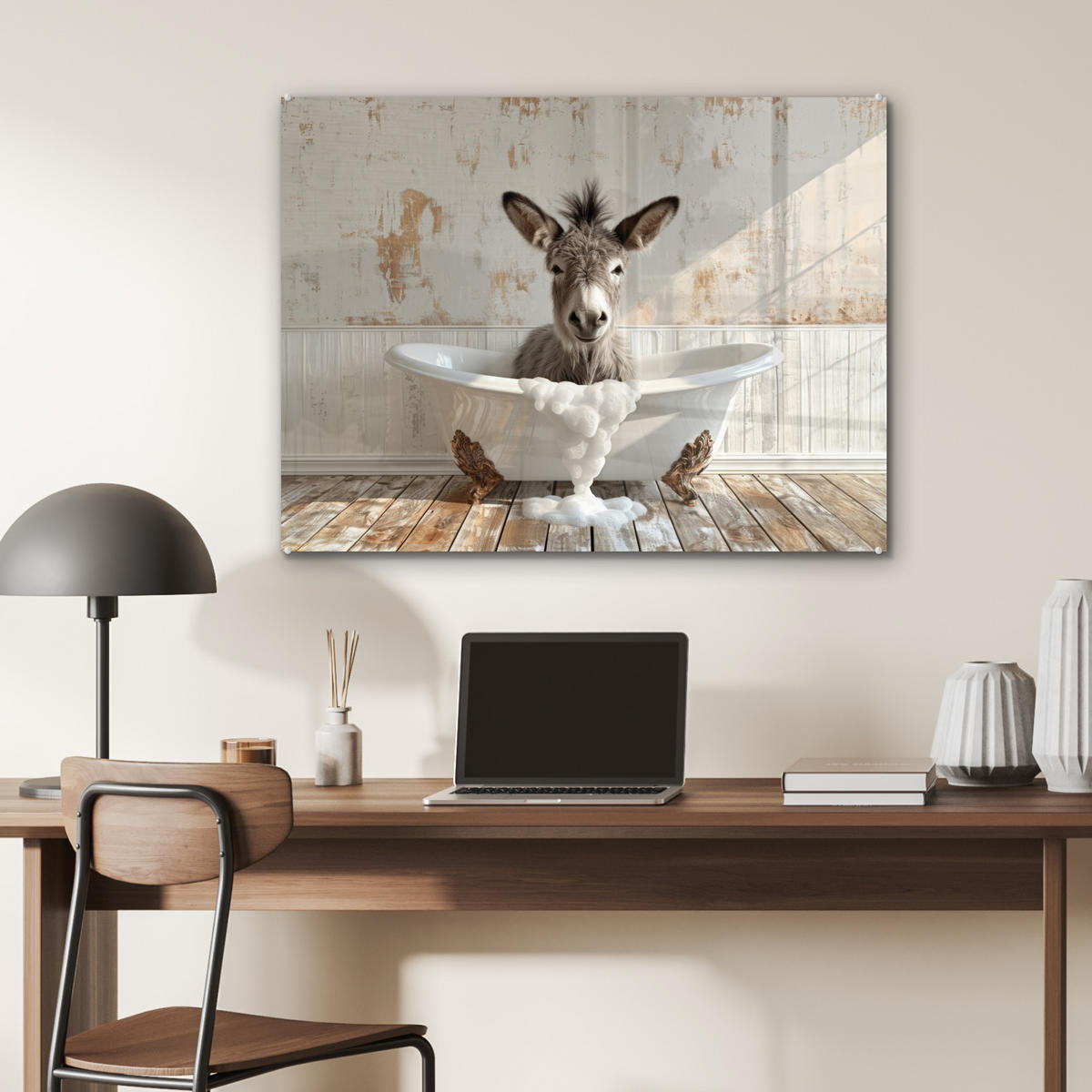 ACRYLGLASBILD Esel - Tiere - Badewanne - Schaumstoff 80x60 cm - Weiß, Glas (80/60cm) - MuchoWow