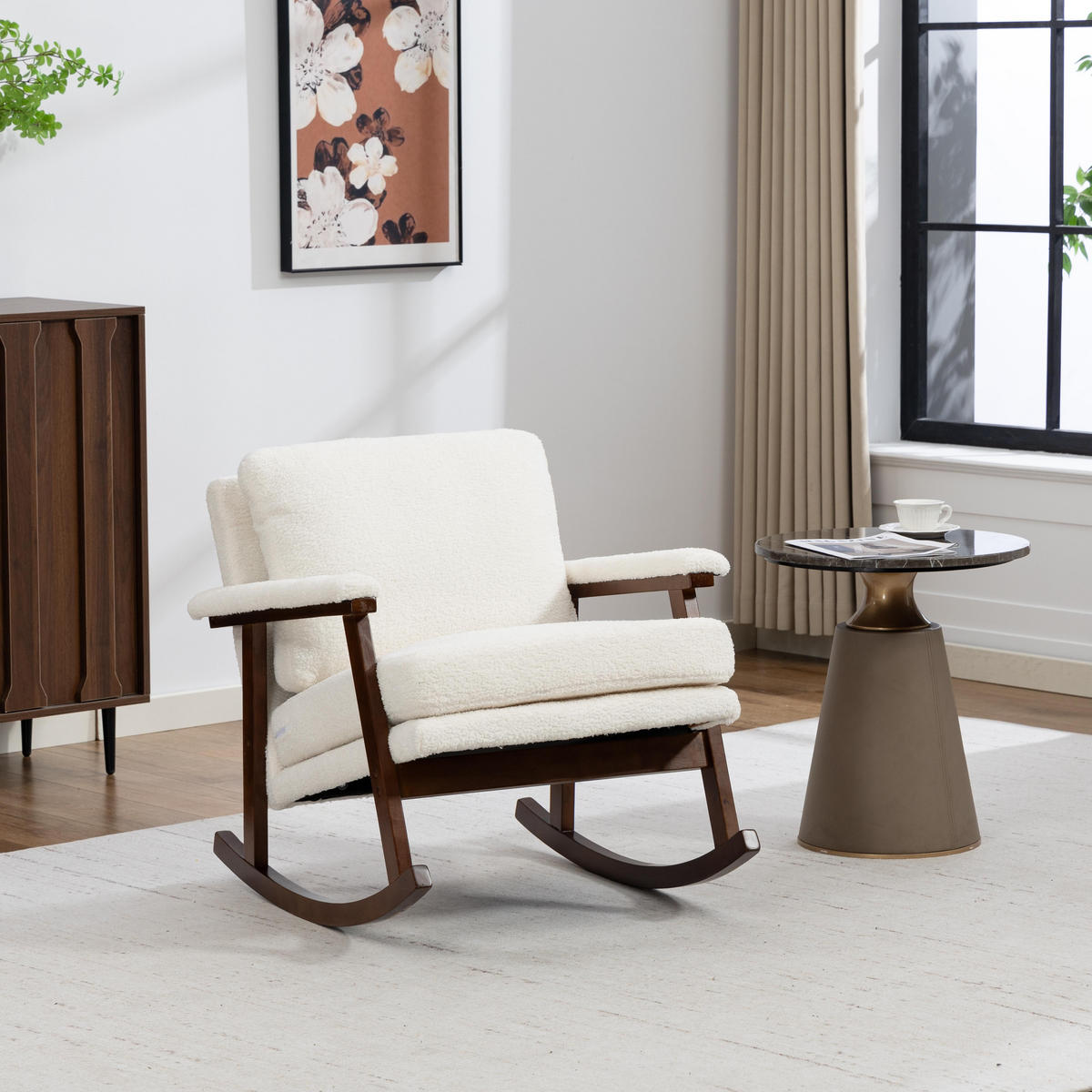 SCHAUKELSTUHL im Mid-Century-Stil mit Holzgestell und Polsterung für Wohnzimmer und Schlafzimmer - Weiß, Textil (83/80/73cm) - Kaket