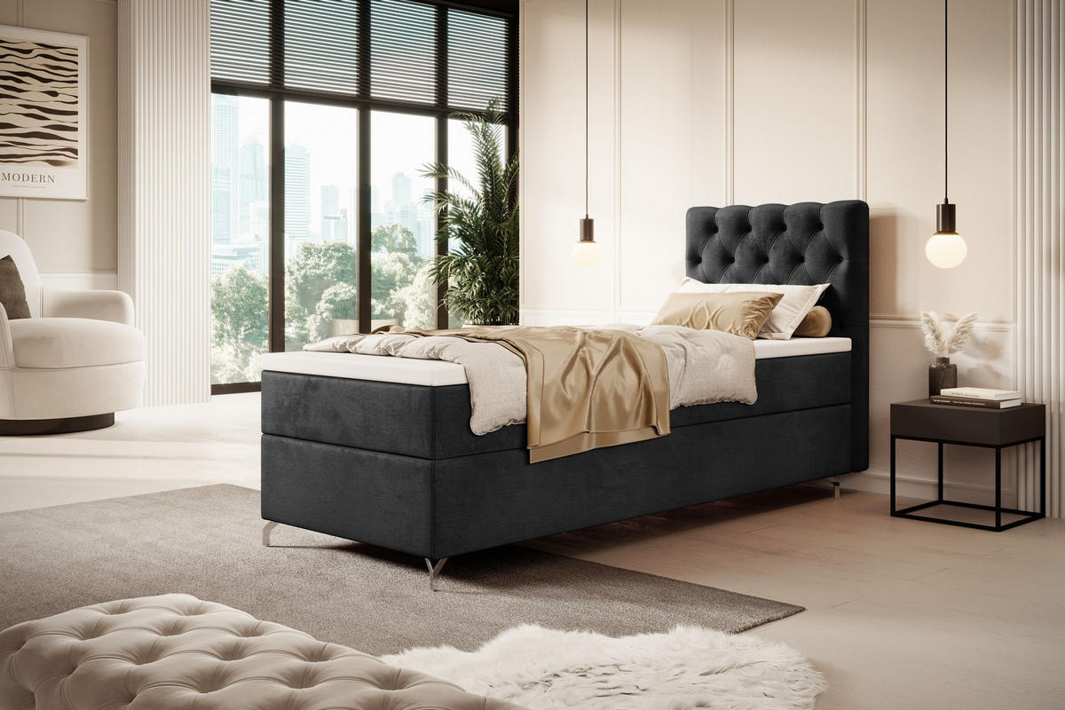 BOXBETT CHESTER P mit Matratze H3, Bonell und Topper 90x200 Monolith 97 - Dunkelgrau, Textil (120/200cm) - Bedante