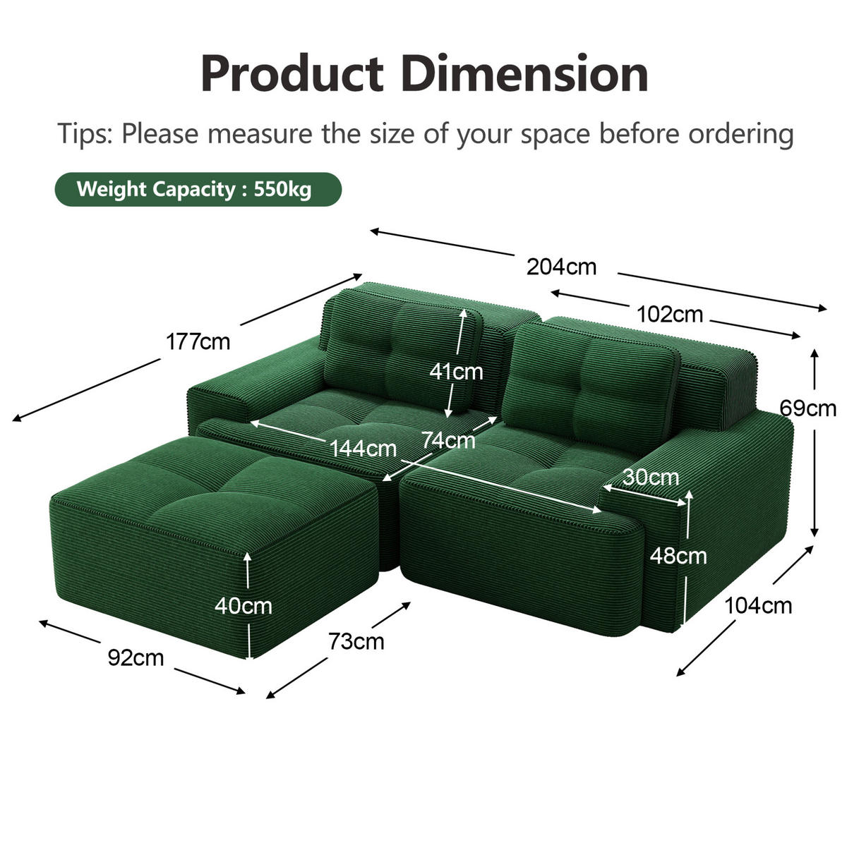 SOFA modular mit Tiefsitz Cord Green - Grün, Kunststoff (177/204cm) - Meubliv