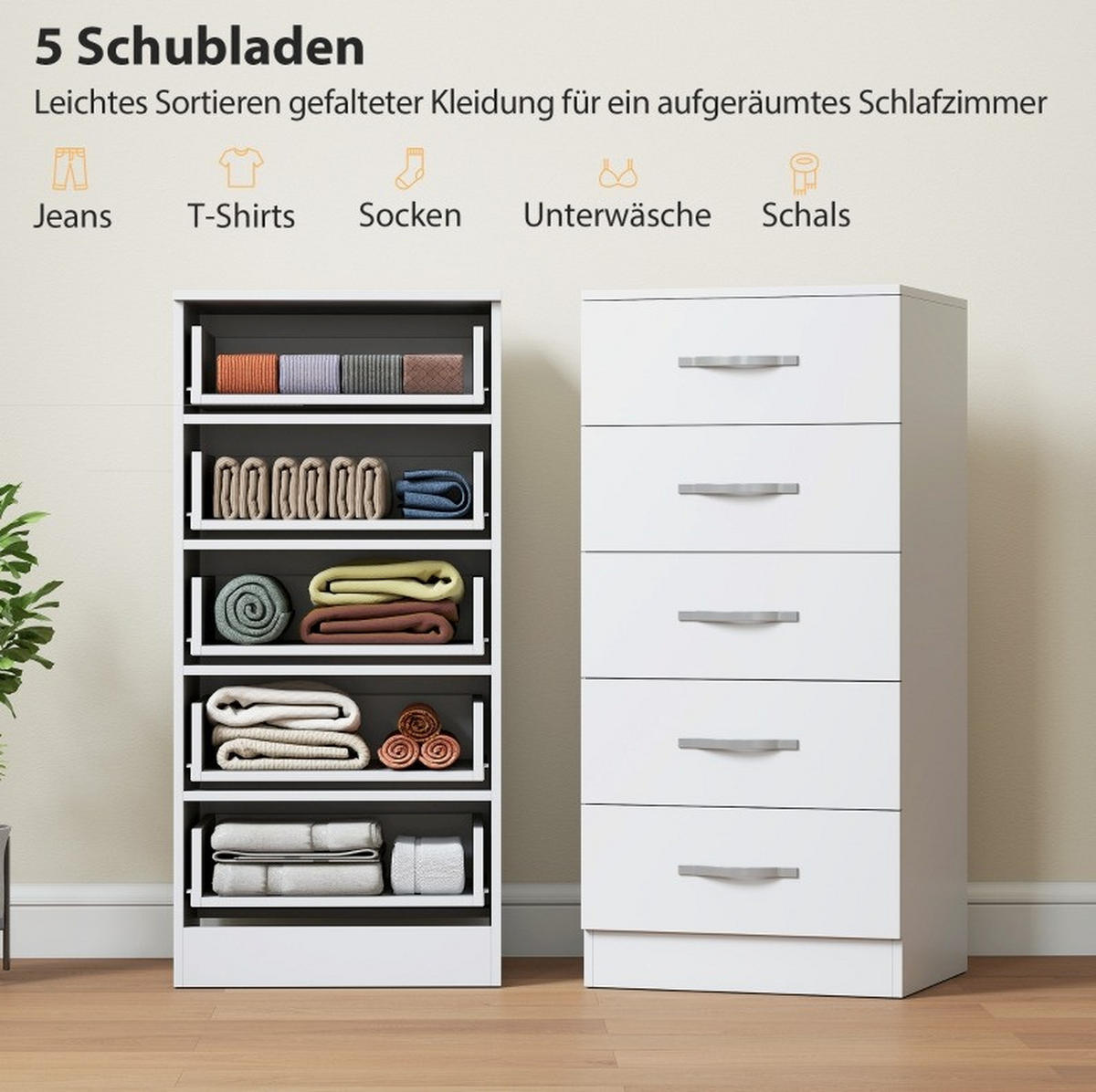 KOMMODE aus Spanplatte 35x40x85 cm Weiß mit 5 Schubladen und Kippschutz - Weiß, Holzwerkstoff (40/85/35cm) - Modfu