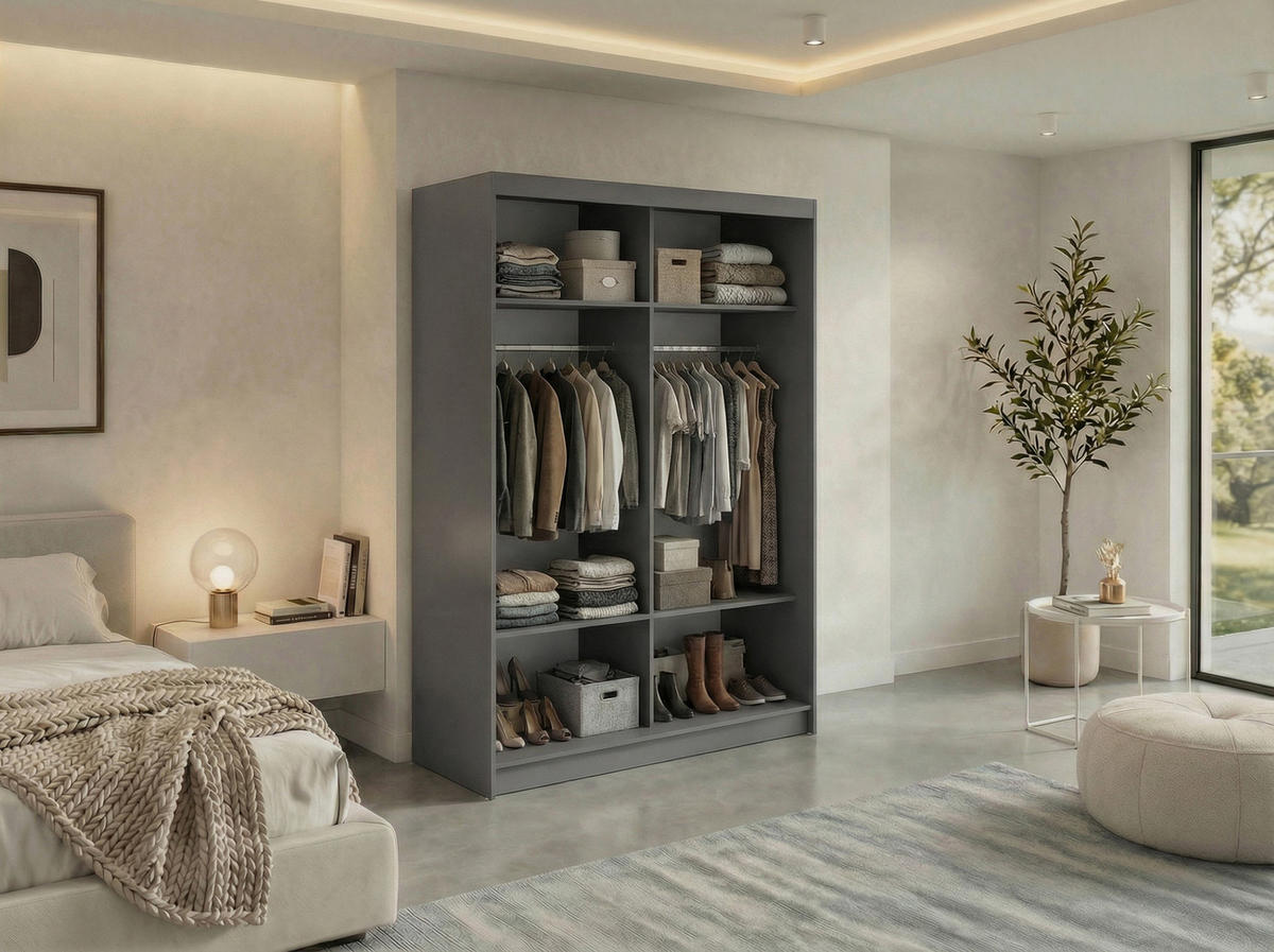 SCHWEBETÜRENSCHRANK mit Lamellen LUMOS - 150 - Grau und Weiß - Alufarben/Weiß, Holzwerkstoff/Metall (150/216/61cm) - MKS