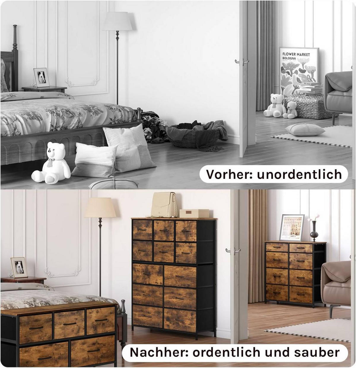 KOMMODE mit 12 Stoffschubladen, Rustikales Braun - Dunkelbraun/Schwarz, Holzwerkstoff/Textil (100/123/30cm) - Woltu