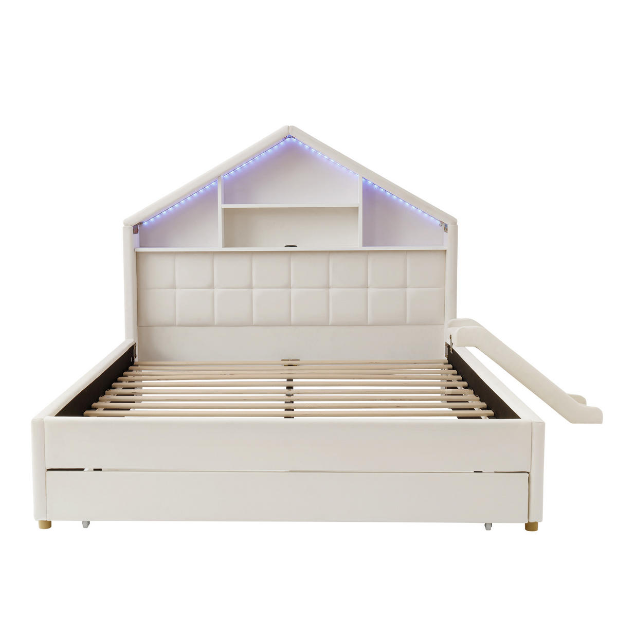 SPIELBETT 140/200 cm mit Rutsche und LED, DE-41740, in Beige - Beige, Holzwerkstoff (140/200cm) - ComfortXL