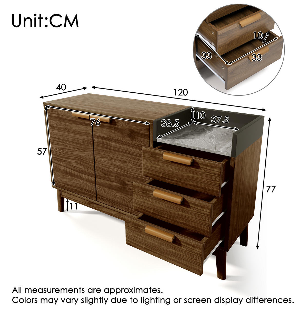 SIDEBOARD in dunkler Eiche mit Marmor-Optik Platte, 3 Schubladen und Doppeltürschrank, kehrroboterfähig, 120/40/77 cm, dunkler Eiche - Eichefarben, Holzwerkstoff (120/77/40cm) - Redom