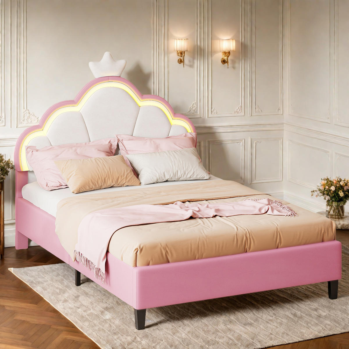 KINDEREINZELBETT 90 x 200 cm, Einzelbett für Mädchen, kronenförmiges Prinzessinnenbett, verstellbares Kopfteil, rosa, Kinderbetten - Pink, Holz (90/200cm) - WoodenAura