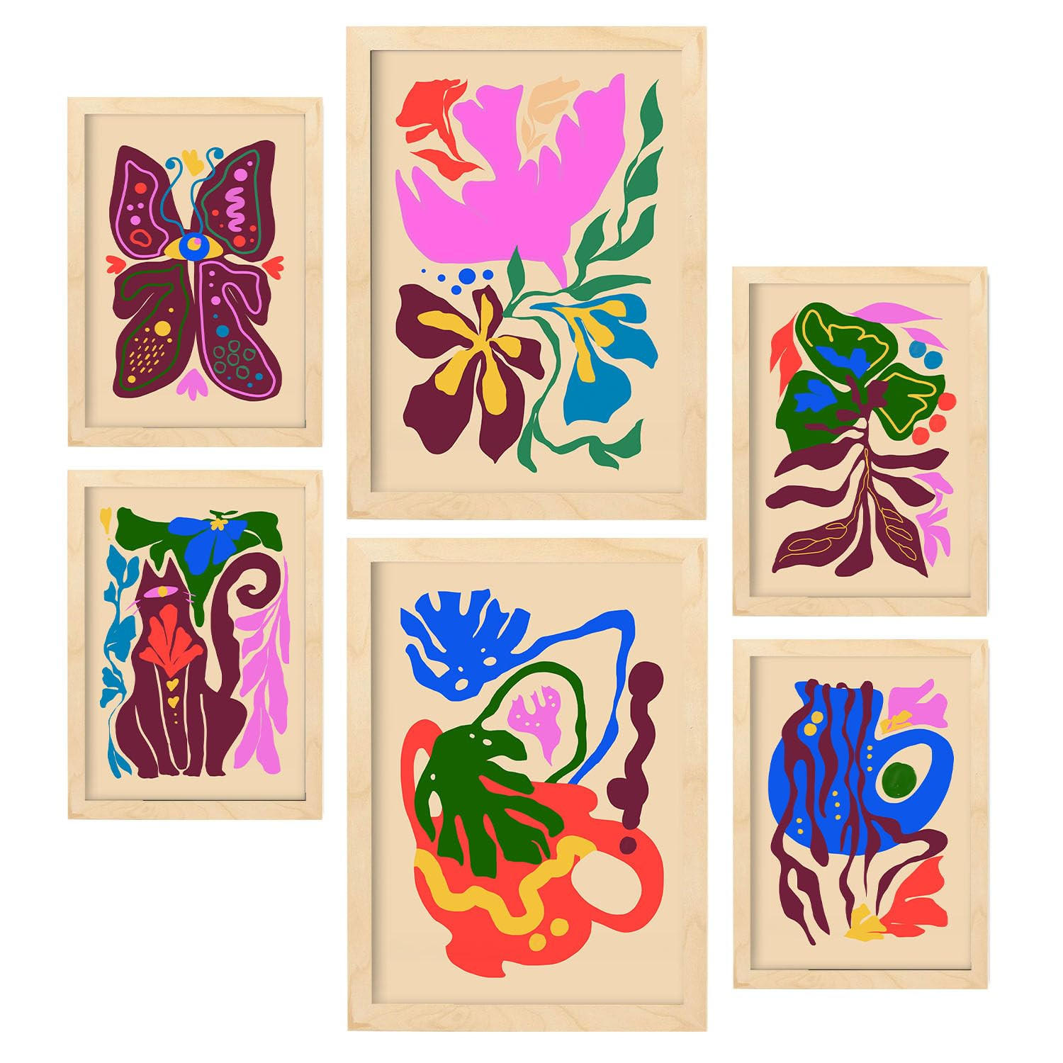 POSTER Set Mit 6 Malerisch 4 In Blume Zusammenfassung Ästhetische Dekorative Gemälde Für Ihr Wohnzimmer Zuhause A3 & A4 Rahmen Aus Hellem Holz - Beige, Papier (29/3cm) - Nacnic