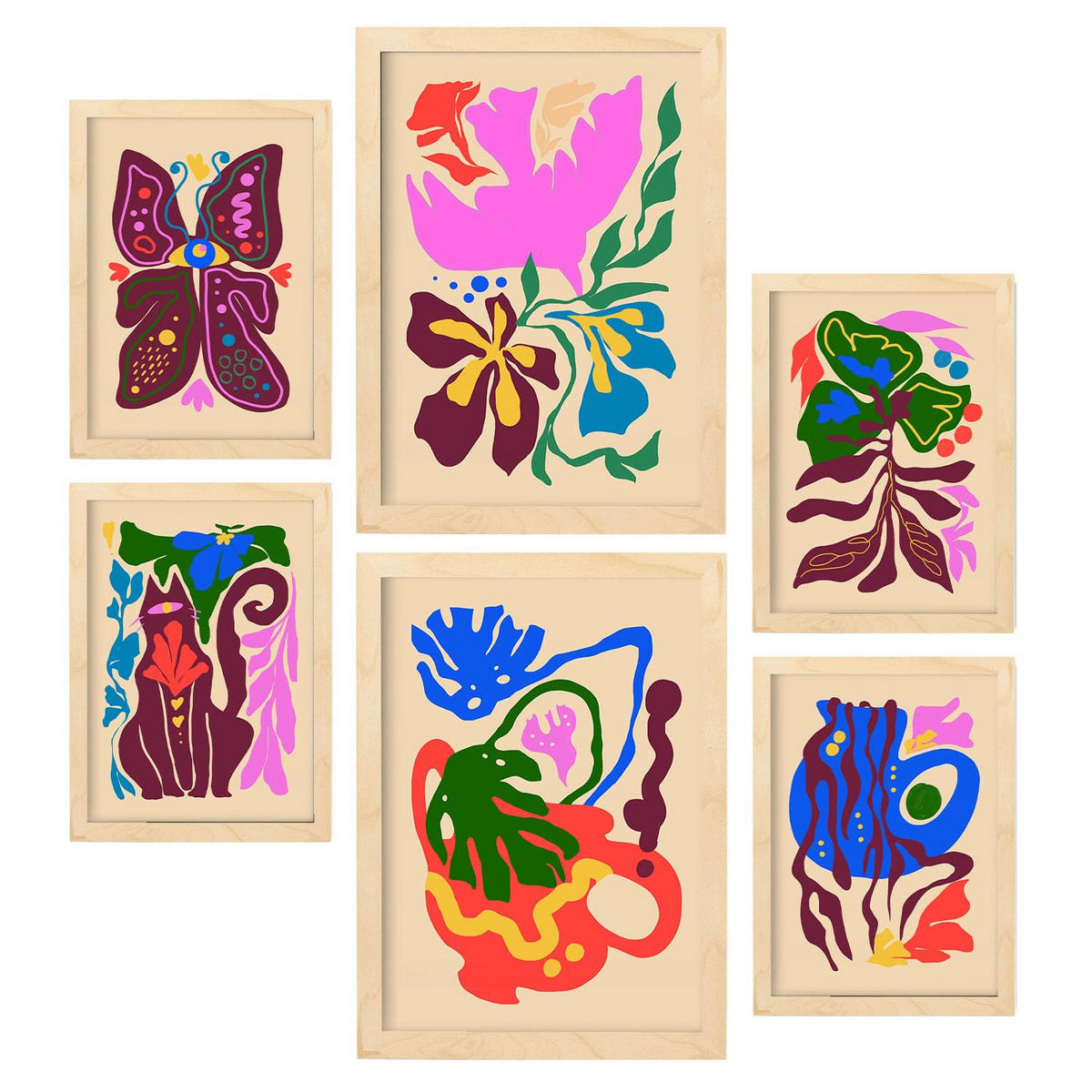 POSTER Set Mit 6 Malerisch 4 In Blume Zusammenfassung Ästhetische Dekorative Gemälde Für Ihr Wohnzimmer Zuhause A3 & A4 Rahmen Aus Hellem Holz - Beige, Papier (29/3cm) - Nacnic