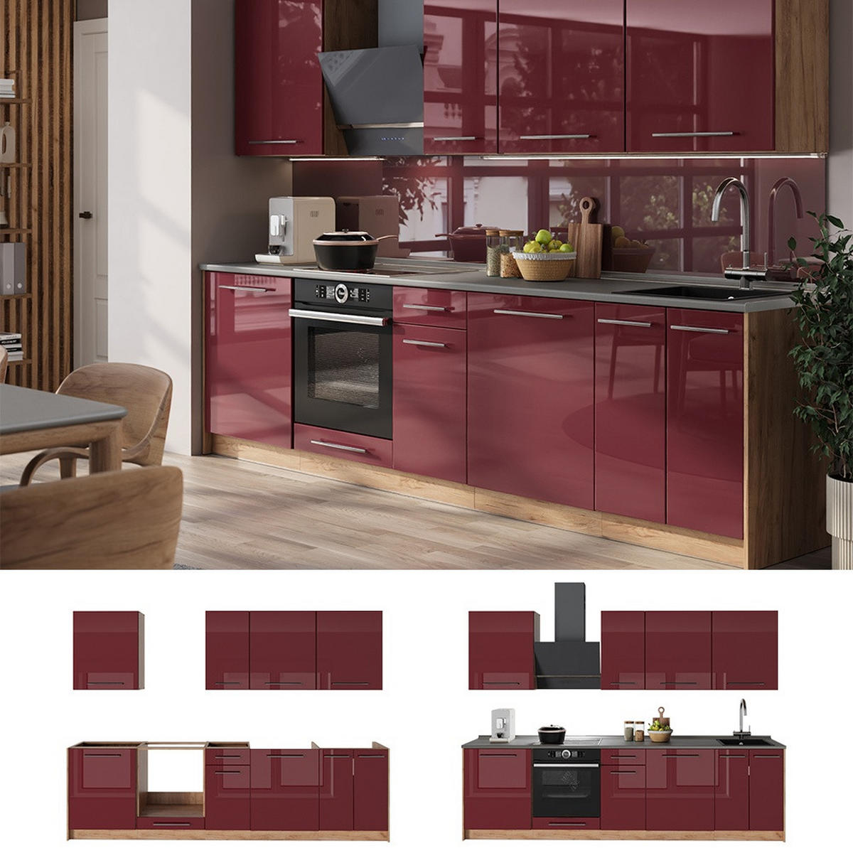 KÖK Fame-Line, Bordeaux högblank/Goldkraft ek, 280 cm utan bänkskiva - Bordeaux/Honungsek, Träbaserade material (280/206.8/51.6cm) - Vicco