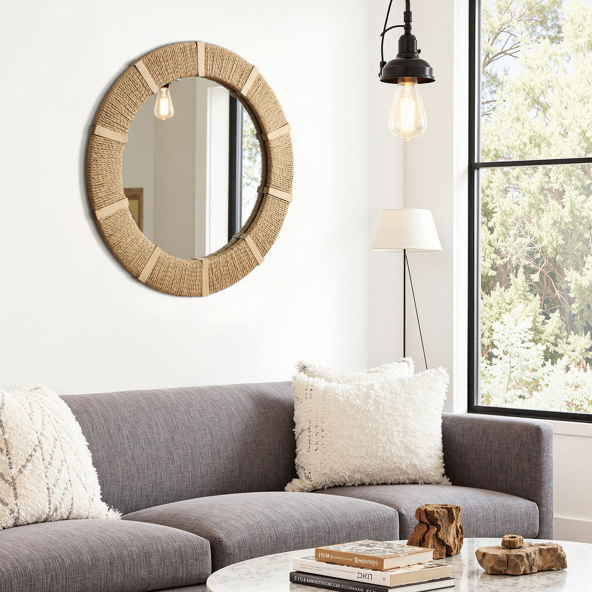 53CM Runder Wandspiegel mit Rahmen aus Tannenholz und Papierkordel Geeignet für Badezimmer, Wohnzimmer, Schlafzimmer usw. - Hellbraun/Beige, Glas/Holz (53/3/53cm) - Hometopia