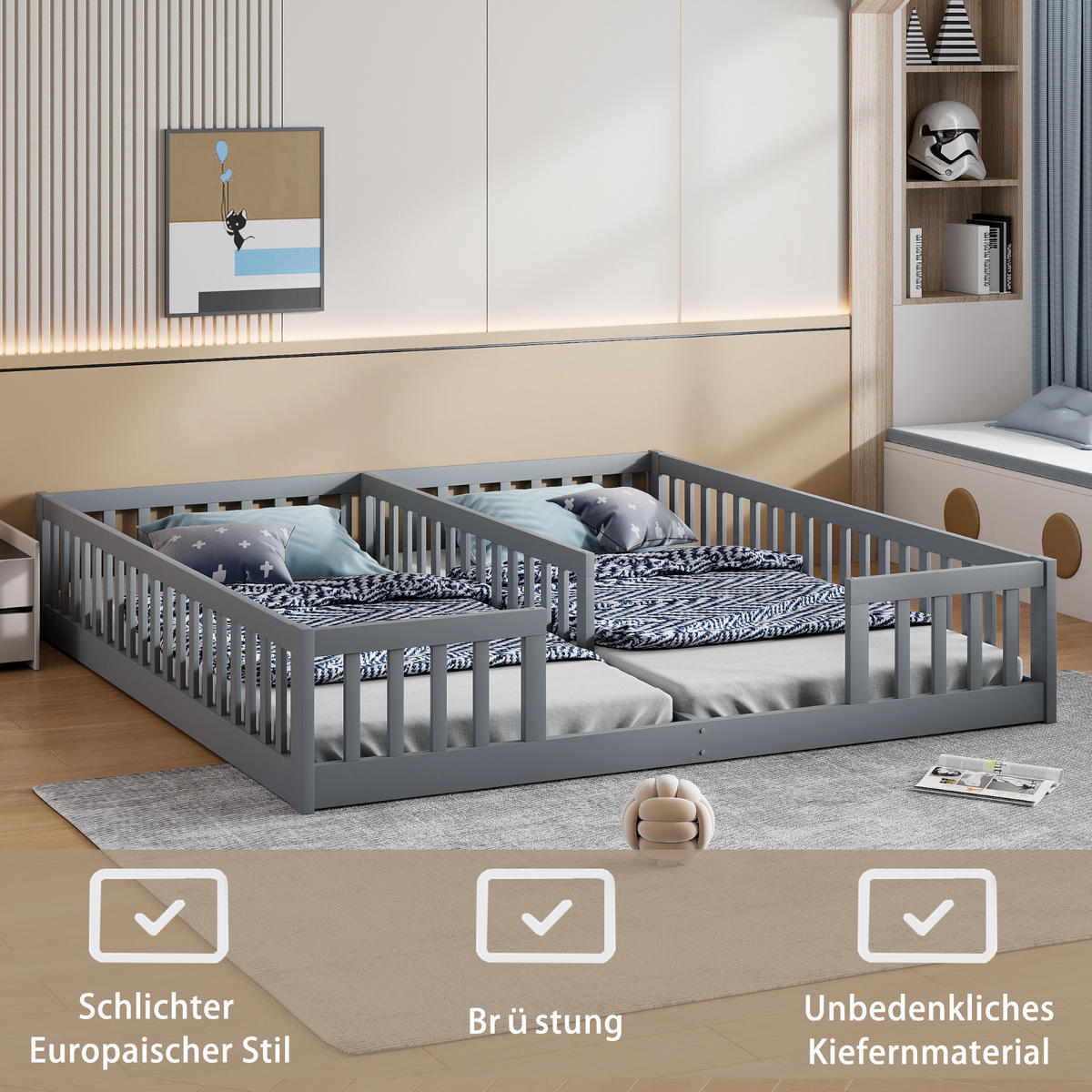 PANELBETT 90x200cm Grau Kiefer Kinderbett Geländer für 2 Kinder - Grau, Holz (90/200cm) - FLIEKS