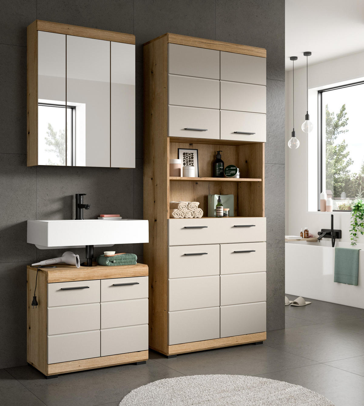 BADMÖBEL Set 3-teilig in Sand Kaschmir und Evoke Eiche Badkombination 149 x 191 cm Shawn - Kaschmir/Eichefarben, Glas/Holzwerkstoff (149/191/34cm) - Inn.Furn