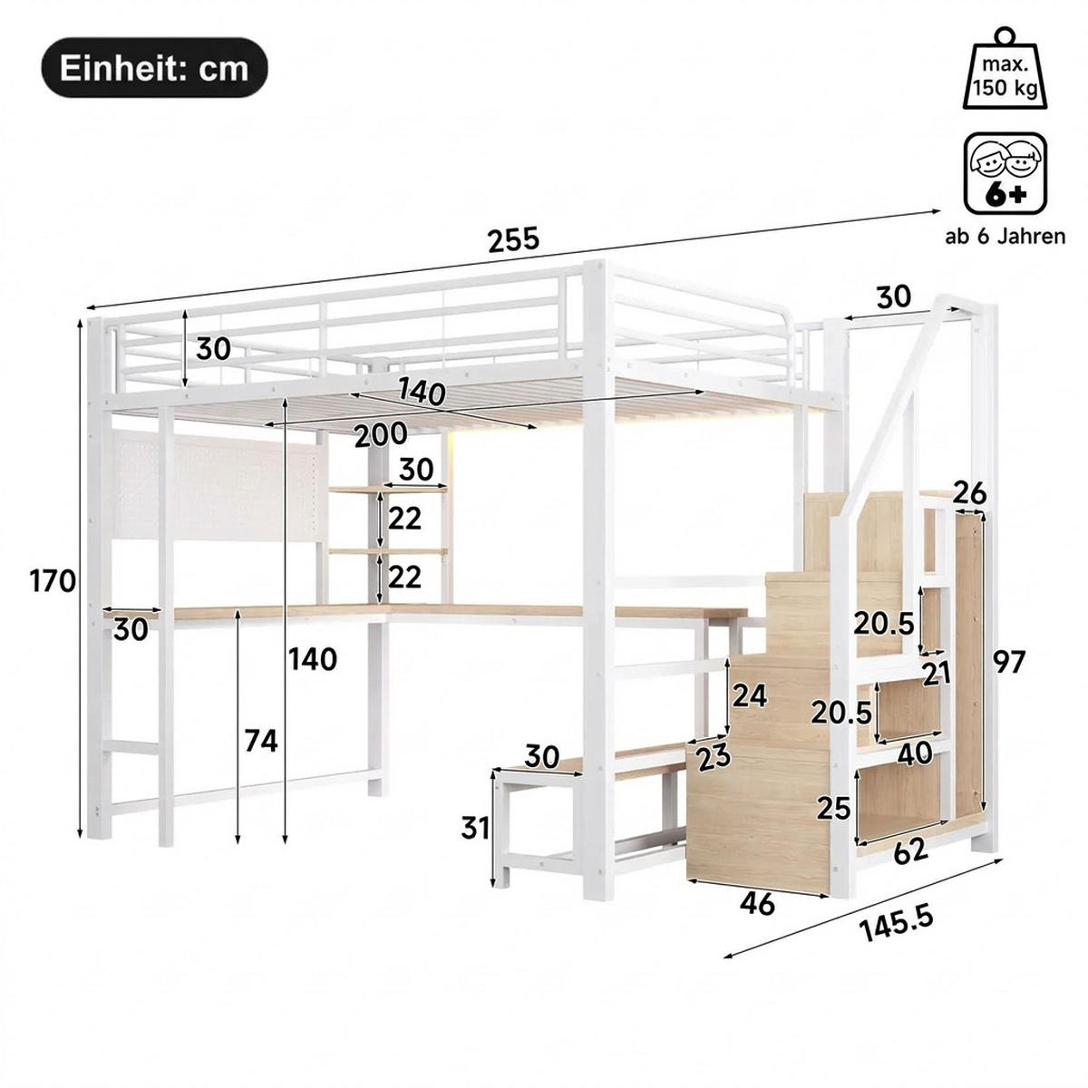 HOCHBETT 140/200 cm Weiß mit Schreibtisch, trapezförmiger Schrank und LED-Beleuchtung - Weiß, Metall (140/200cm) - Oxeza