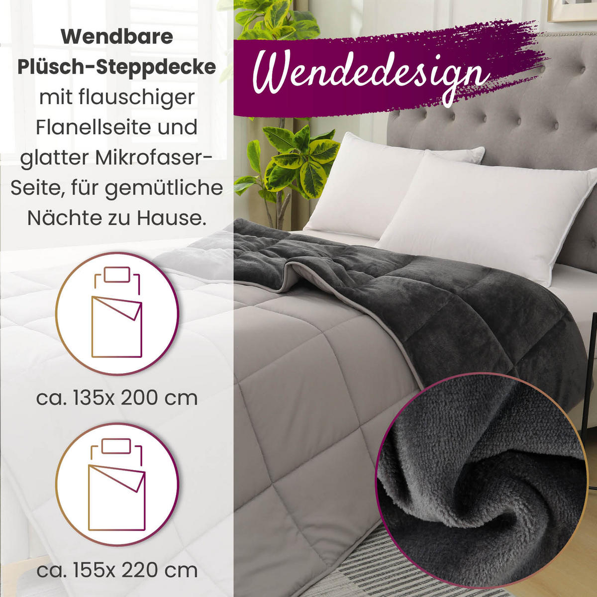 PLÜSCH Steppbett Bi-Color grau 135x200 - Grau, Textil (135/200cm) - wometo