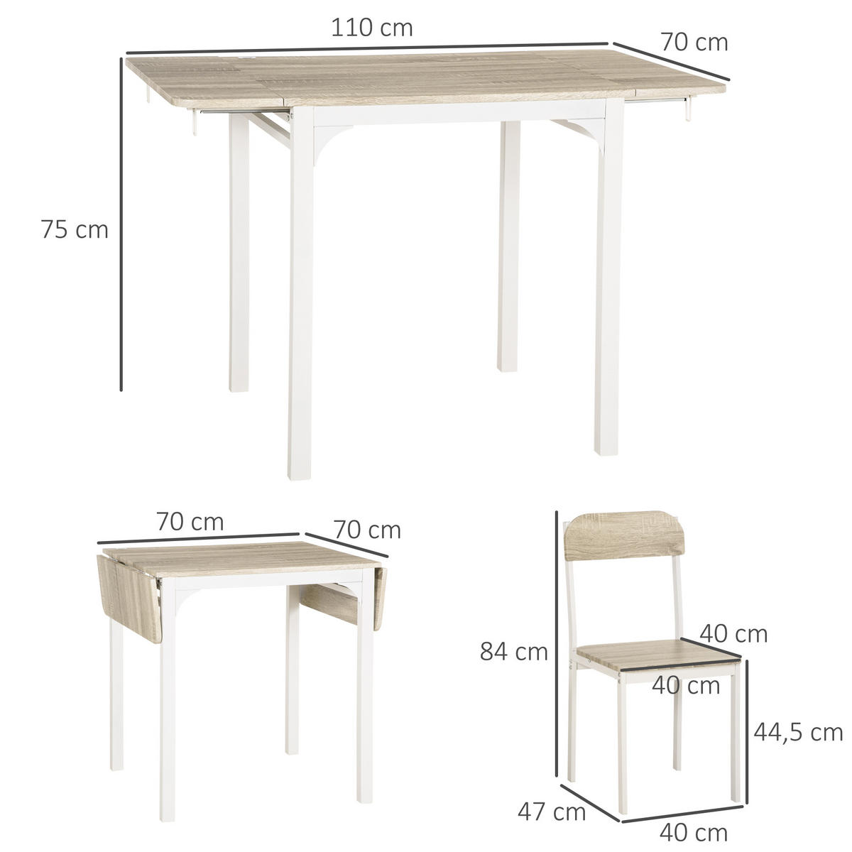 ESSGRUPPE, MDF, Stahl, Natur+Weiß - Naturfarben, Kunststoff (70/75/110cm) - HOMCOM