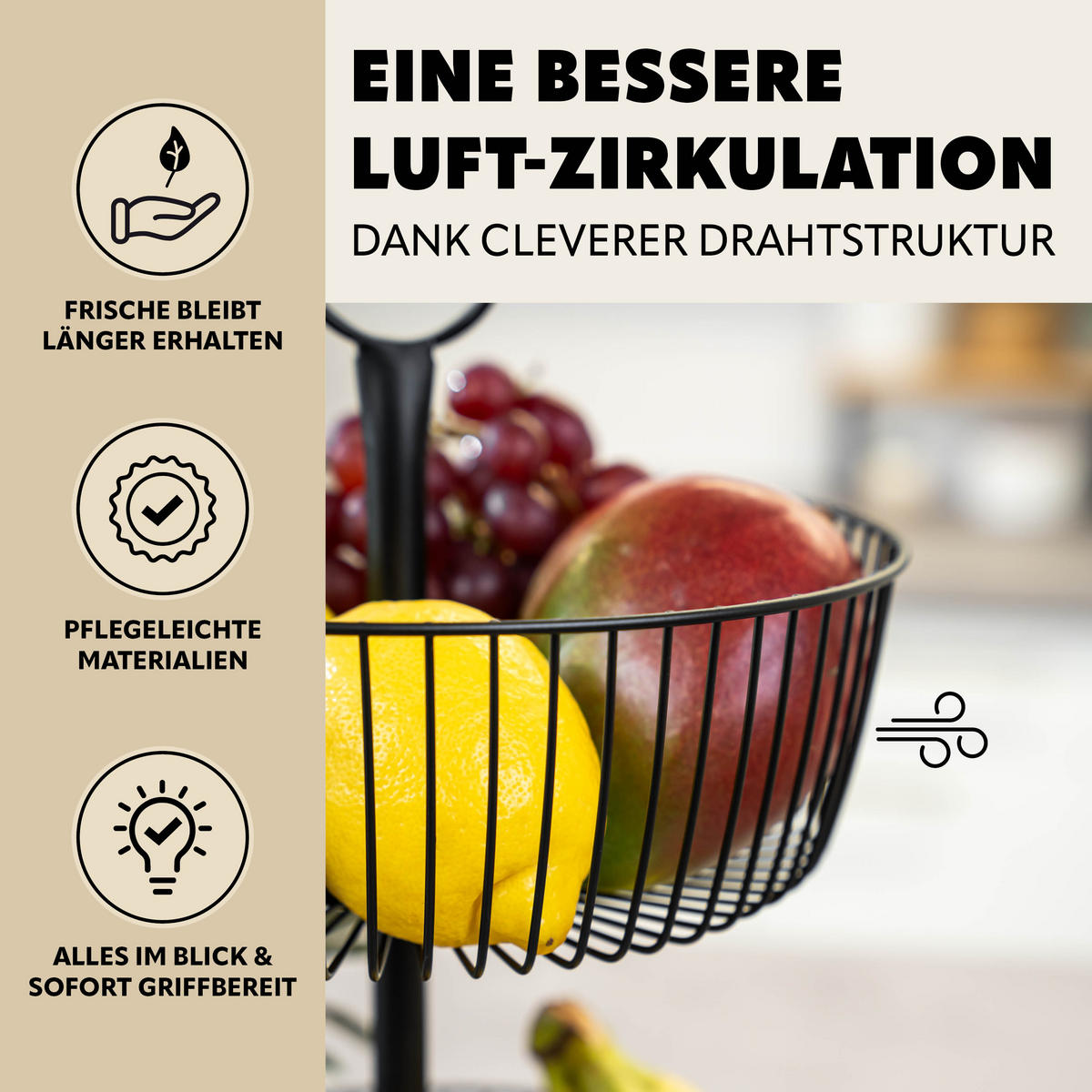 OBSTETAGERE, 2-stöckig, rund, Metall, Schwarz - Schwarz, Metall (43cm) - eluno