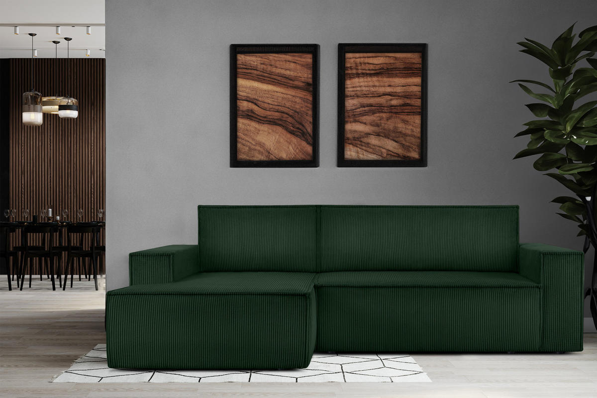 ECKSCHLAFSOFA-LINKS NAPI in Pet Friendly Cord-Stoff, dunkelgrün - Dunkelgrün/Schwarz, Textil (262/148cm) - KONSIMO®