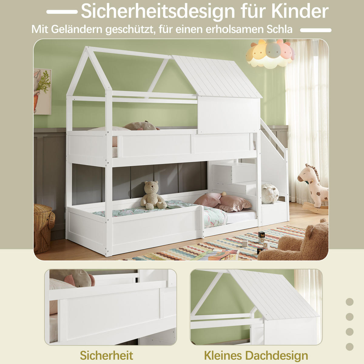 ETAGENBETT aus Massivholz 80x200 cm Weiß mit Treppe, Dachdesign und Sicherheitsgeländer - Weiß, Holz (80/200cm) - Modfu