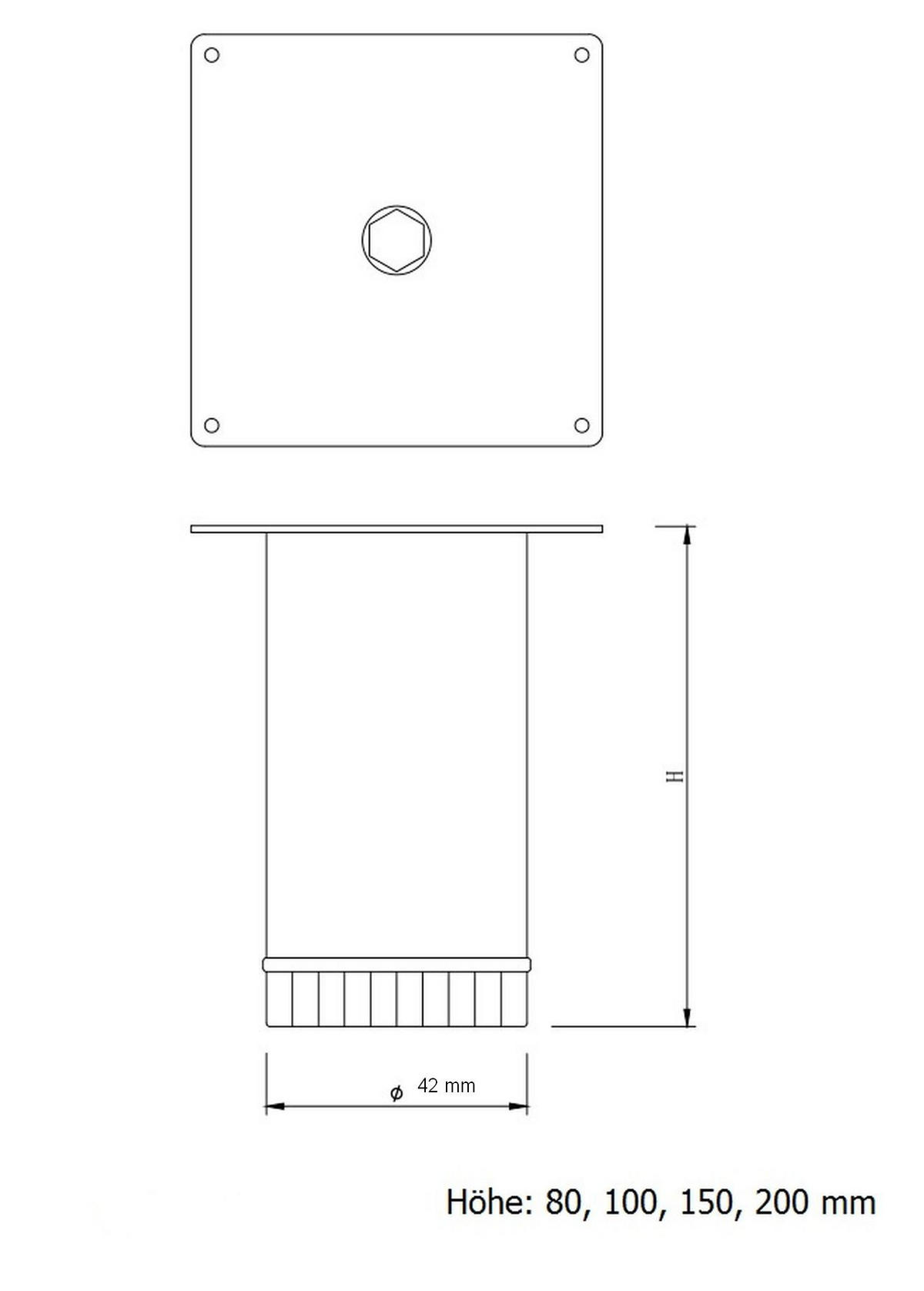 MÖBELFUSS 100mm höhenverstellbar +25 mm Möbelbein Ø 42mm Stützfuß Edelstahloptik - Edelstahlfarben, Metall (4.2/10/12.5cm) - Livingpoint24