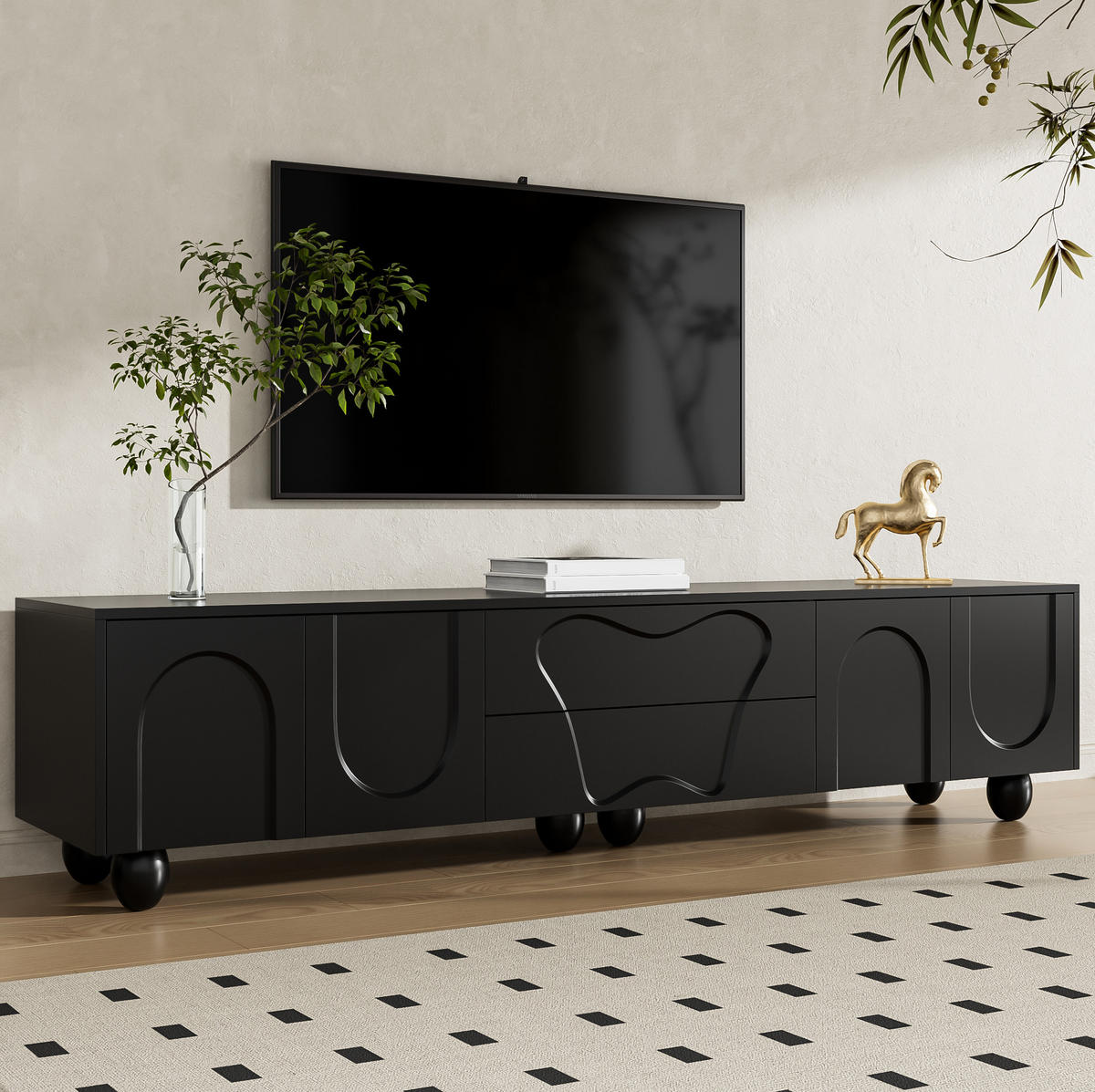 TV-SCHRANK aus Spanplatte 180x40x42 cm Schwarz mit Schubladen und Fächern, viel Stauraum und Massivholzbeinen - Schwarz, Holzwerkstoff (180/42/40cm) - Modfu