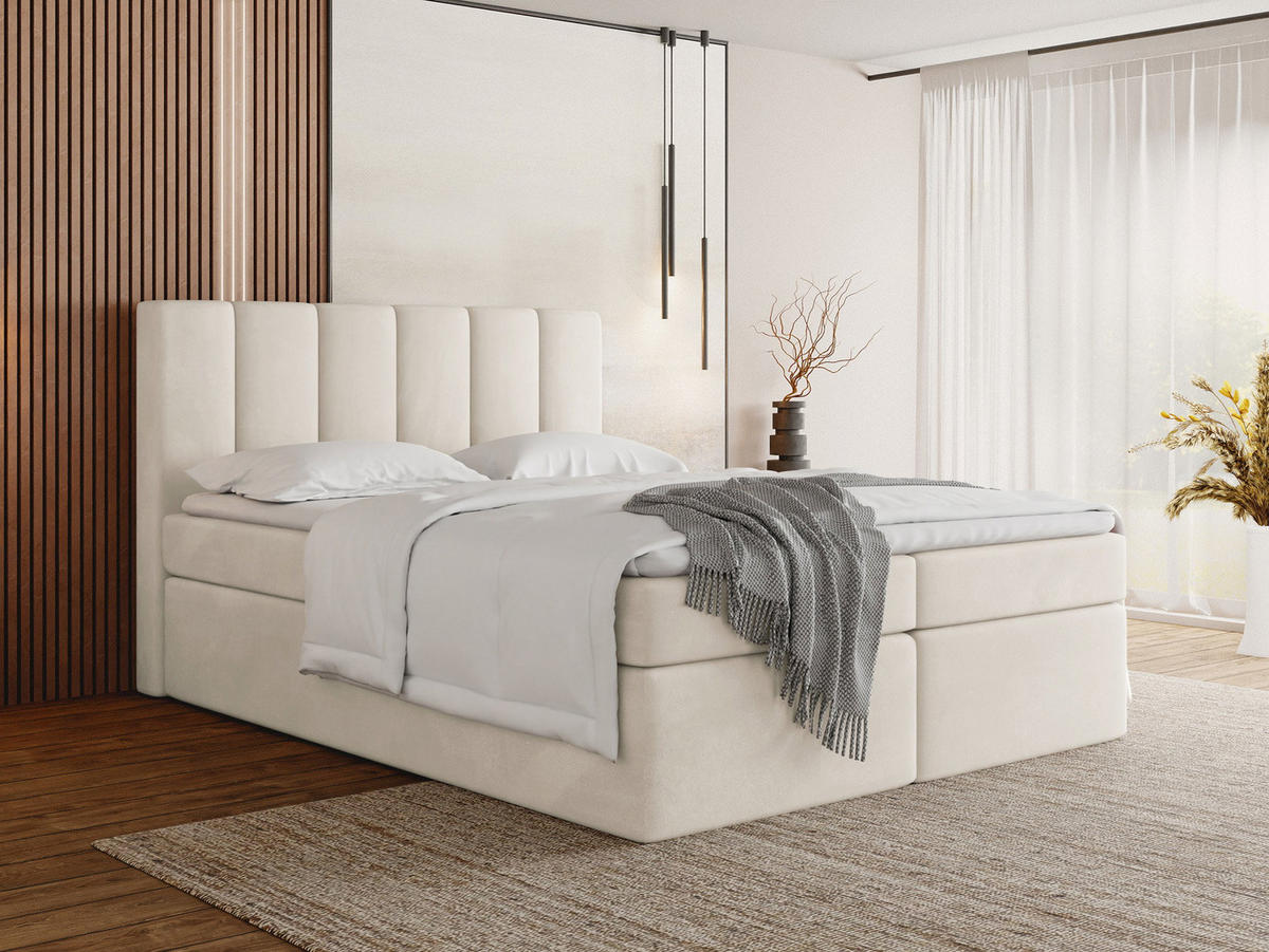 BOXBETT Amira mit Bettkasten, Samt Creme, Beige 200/200 cm – 7-Zonen Taschenfederkern-Matratze & Komfortschaum-Topper - Beige/Creme, Holz/Holzwerkstoff (200/200cm) - WFL GROUP