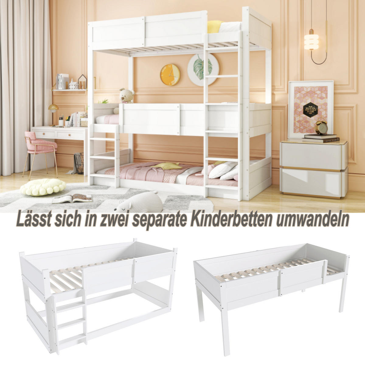 ETAGENBETT 90/200 cm Weiß aus Holz, modular und platzsparend - Weiß, Holzwerkstoff (90/200cm) - Flora Grace